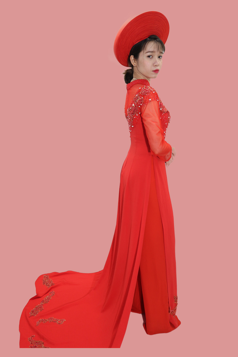 Áo dài cưới đuôi kết pha lê, kết hoa