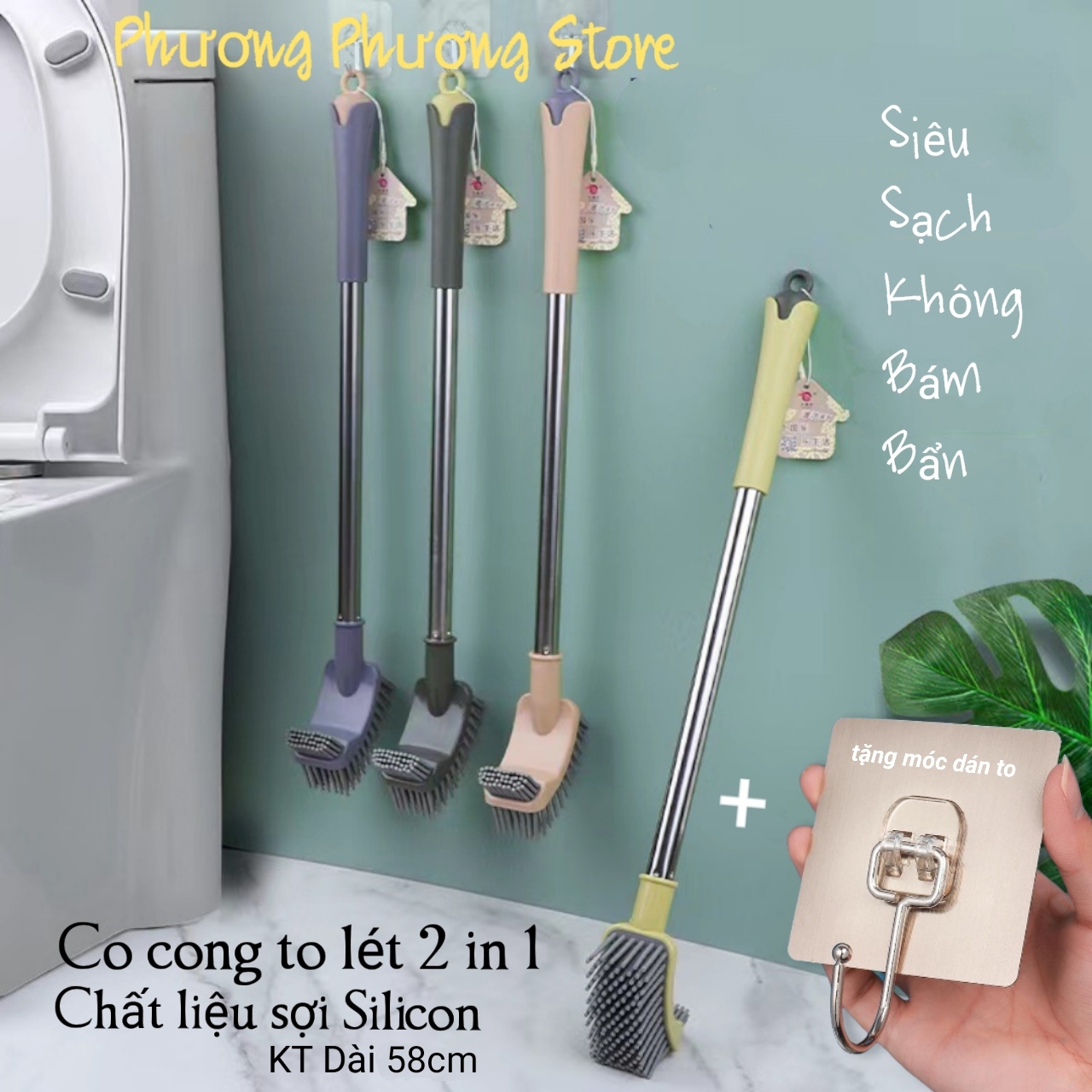 Cọ Bồn Cầu Toilet, Cọ Vệ Sinh Cao Cấp chất liệu đầu cọ Silicon – ( Tặng Móc Dán tường inox to )