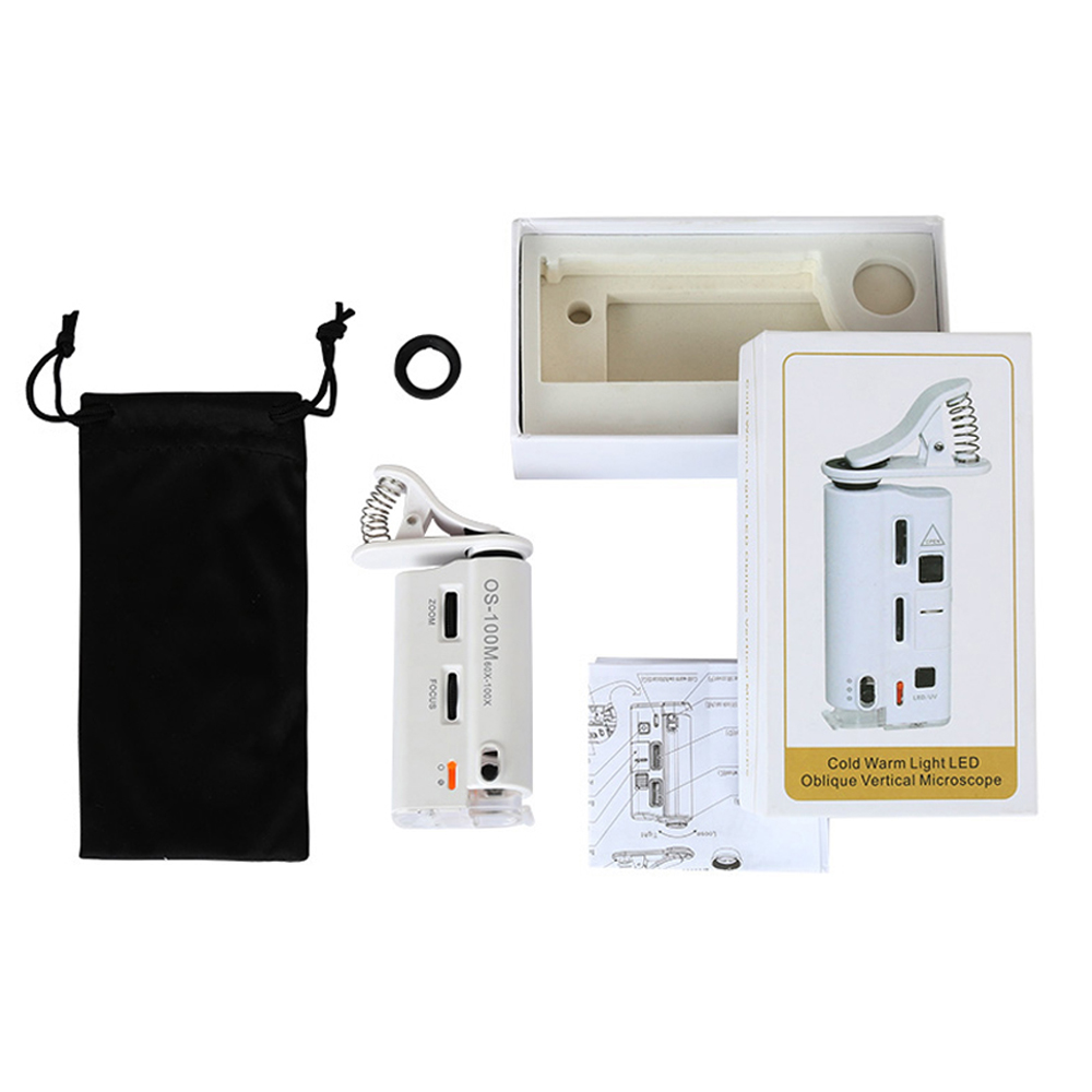 Ống kính hiển vi 60-100x đa năng dạng kẹp cho điện thoại với đèn LED/UV hỗ trợ