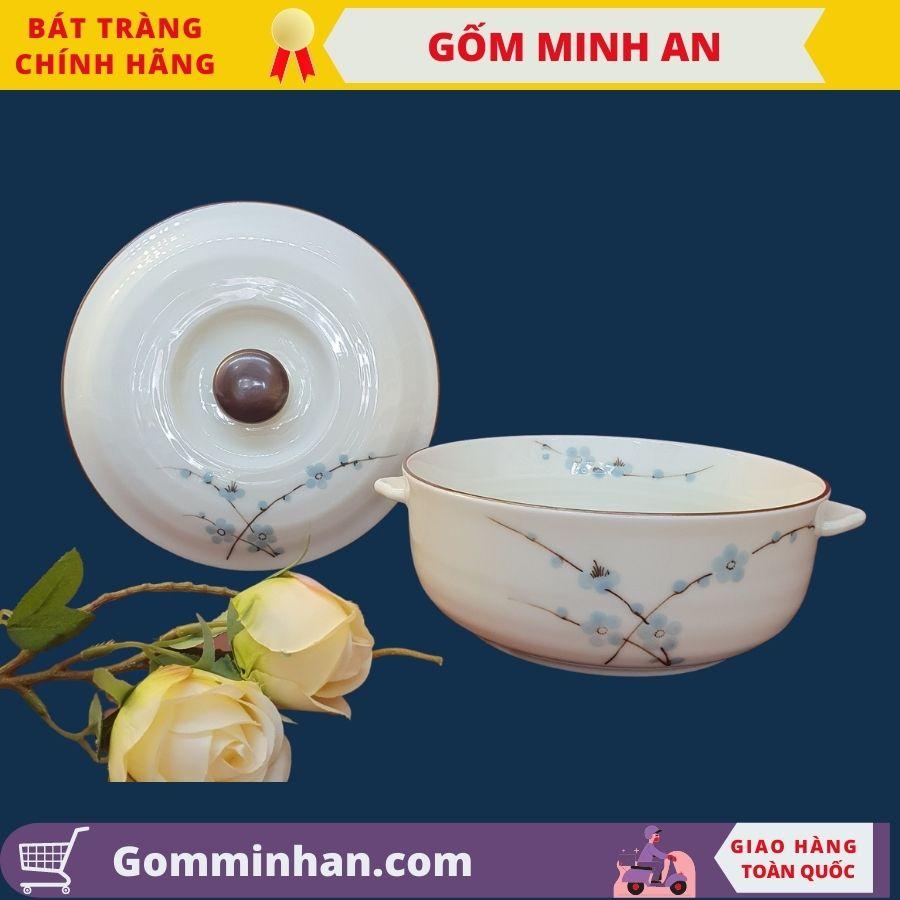 Âu đựng cơm sứ Bát Tràng có nắp men kem vẽ hoa văn thủ công gốm sứ Minh An Bát Tràng