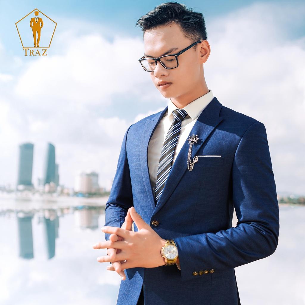 Bộ Đồ Veston Nam Phom Ôm Màu Đen, Xanh, Tím Than, Navy, Cổ Vịt Cao Cấp - Trần(1 Quần Và 1 Aó Vest)