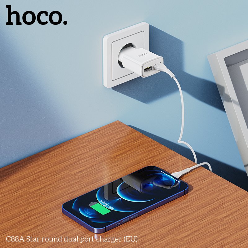 Cóc Sạc 2 Cổng USB Dành Cho Hoco C88A Dòng 2.4A Chân Cắm Eu Hàng Chính Hãng