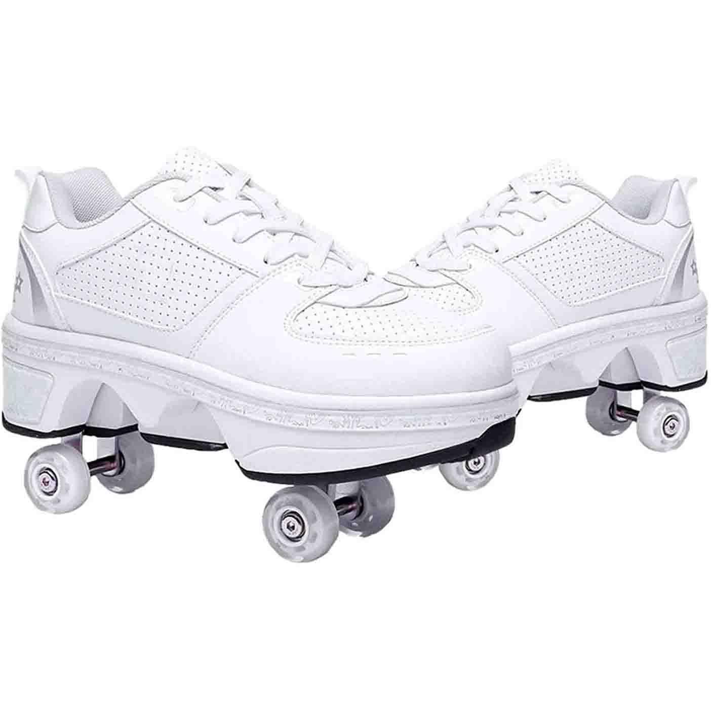 Bánh xe Bánh xe đôi giày thể thao 4 bánh xe trượt tuyết thoáng giày đi bộ đi bộ vô hình ròng rọc con lăn biến dạng ròng rọc vô hình Color: White Shoe Size: 34