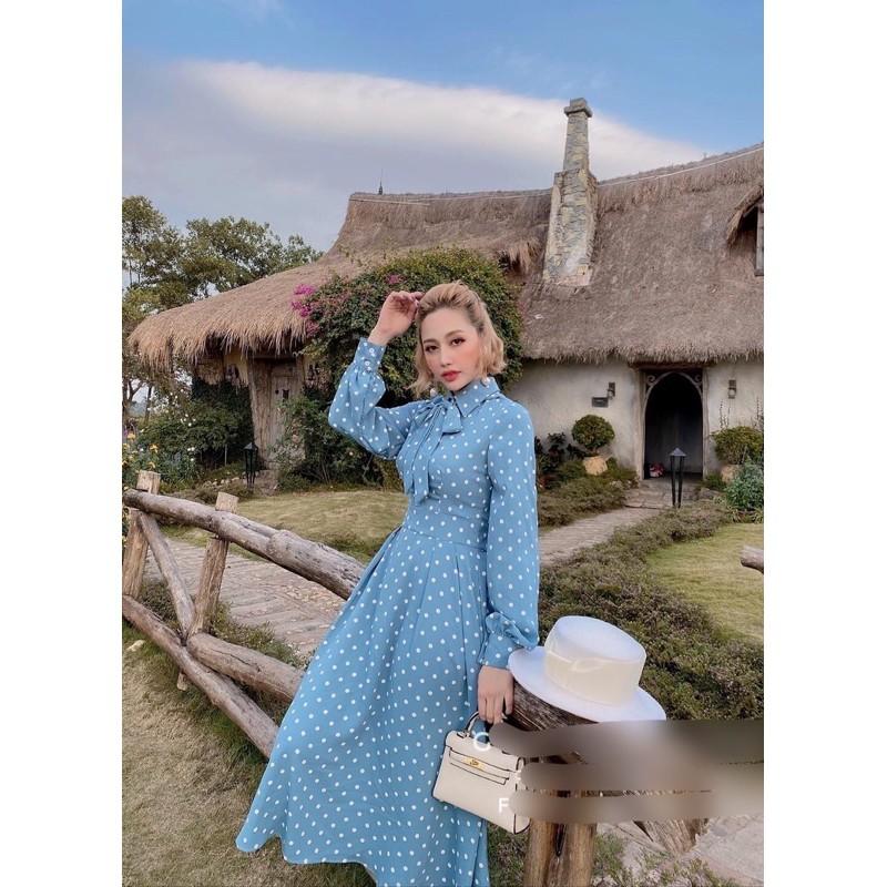 Váy đầm maxi chấm bi cổ sơ mi phối nơ vintage uzzlang