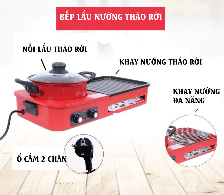 Bếp Lẩu Nướng Đa Năng Công Suất 2200W Dành Cho Gia Đình Có Thể Tháo Rời