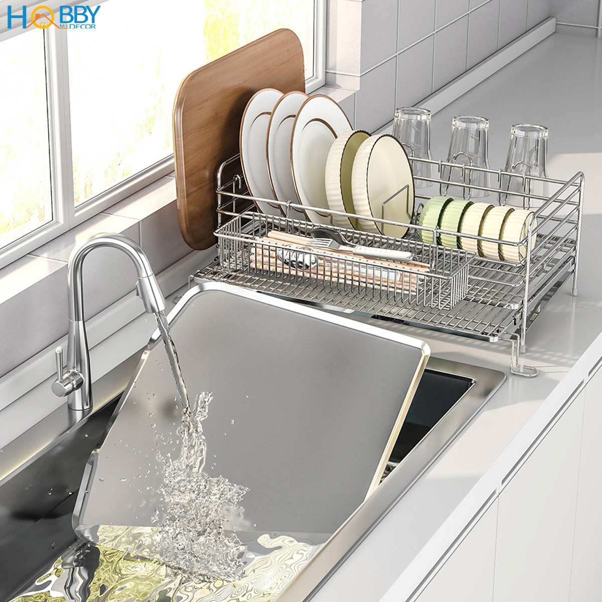 Kệ úp chén đa năng có khay thoát nước inox 304 Hobby home decor KC4