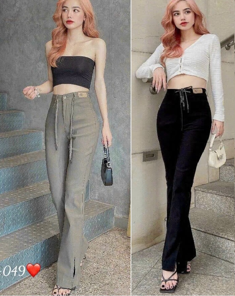 Quần ống loe lai xẻ chất kaki lưng cao tôn dáng phối dây rút cực kì cá tính
