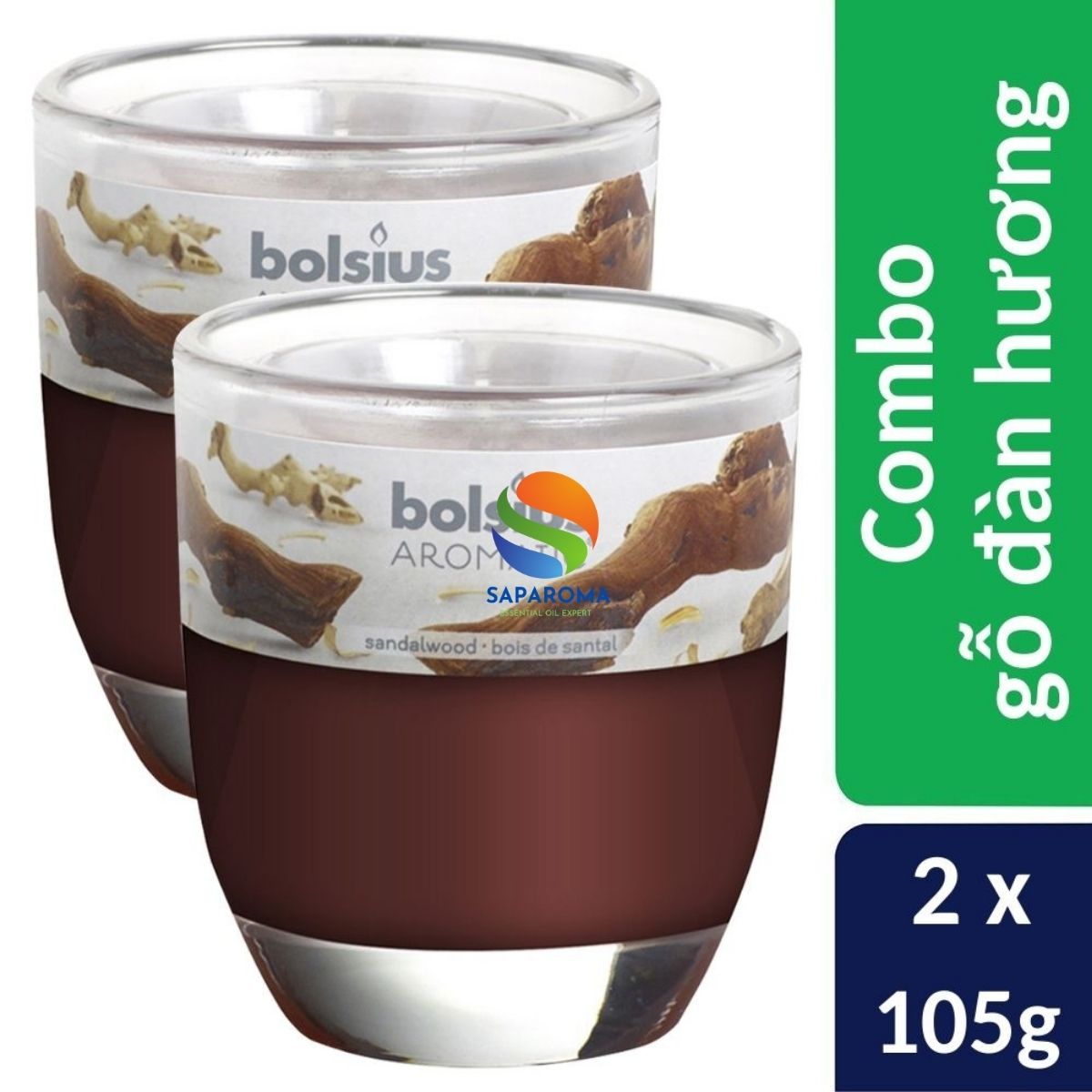 Combo 2 ly nến thơm tinh dầu Bolsius Sandalwood 105g - gỗ đàn hương, nến trang trí, thơm phòng, thư giãn, Hỗ trợ khử mùi