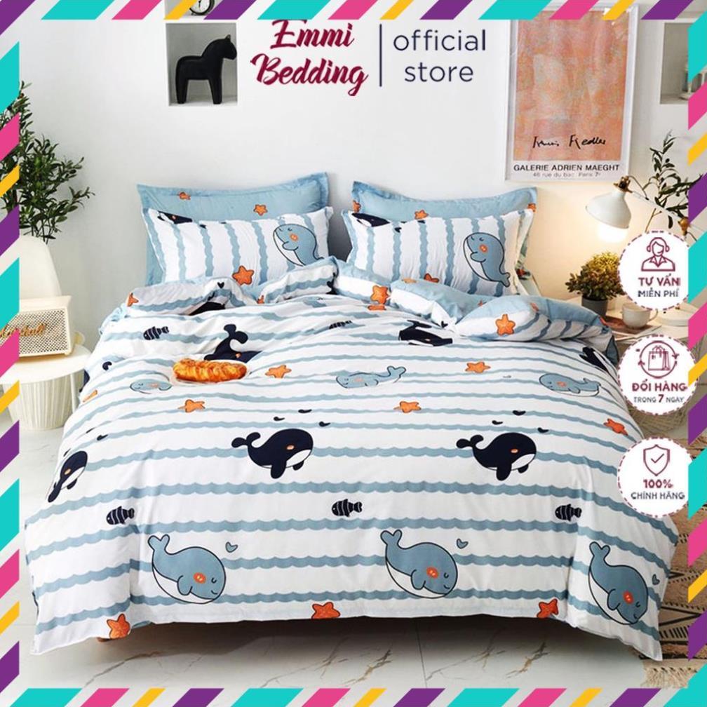 Bộ chăn ga gối , coton poly họa tiết Cá heo, Chăn ga đủ size miễn phí bo chun