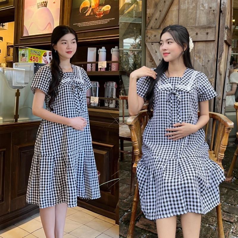 Đầm bầu đuôi cá cổ thuỷ thủ phối viền ren chất Cotton Hàn Váy bầu năng động - Hồng