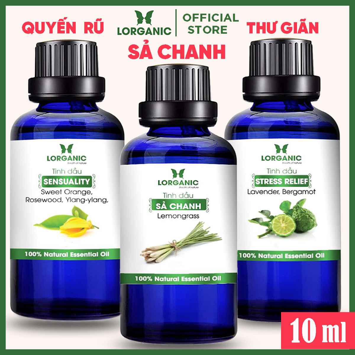 Combo 3 Tinh Dầu LORGANIC / Nhiều Mùi Hương / Xông Phòng Thư Giãn, Đuổi Muỗi 10m / Sả Chanh, Oải Hương Lavender, Ngọc Lan Tây, Hương Thảo, Stress Relief, Quyến Rũ Sensualy