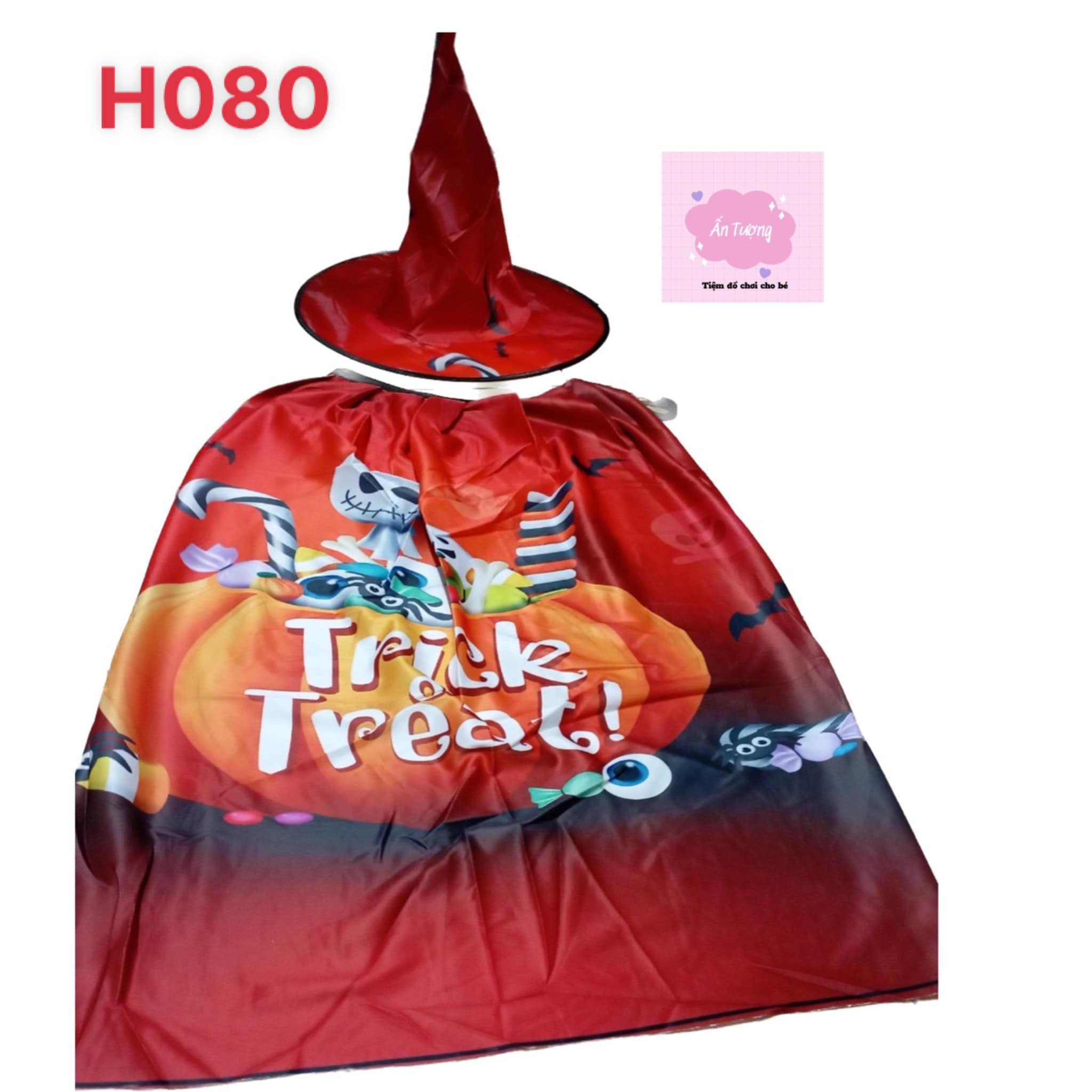 Set áo choàng mũ phù thủy cánh dơi hoạ tiết bí ngô hóa trang Halloween