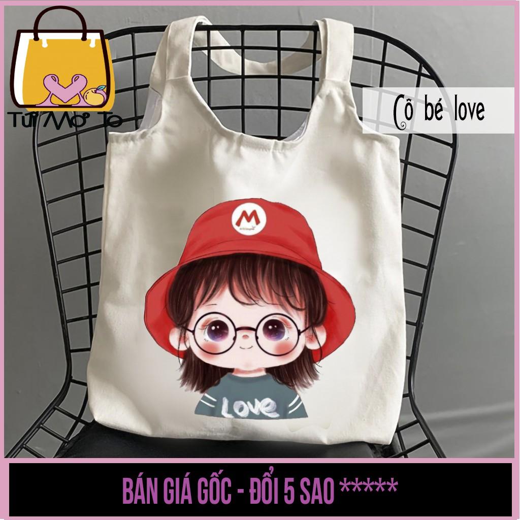 Túi tote túi vải túi canvas quai tròn có khóa kéo in hình cô bé love dễ thương - Túi Mơ To store