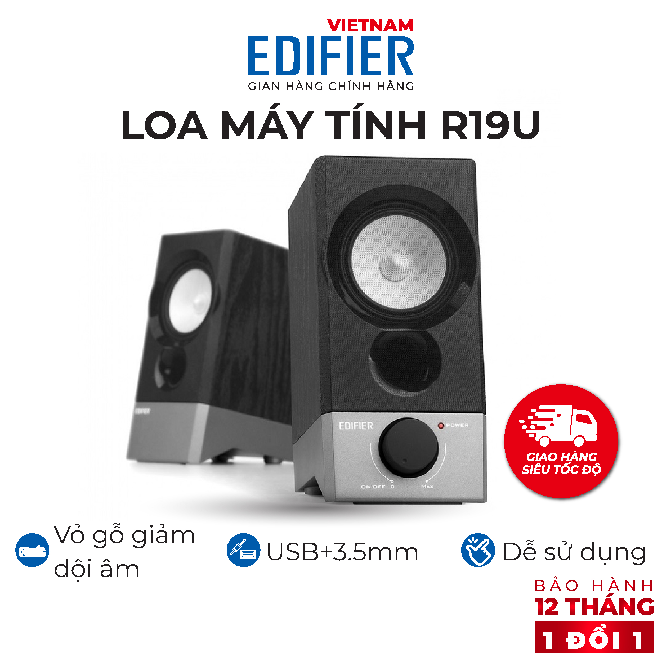 Loa vi tính EDIFIER R19U - Loa 2.0 mini cổng nguồn USB - Thiết kể nhỏ gọn - Vỏ gỗ giảm dội âm - Hàng phân phối chính hãng