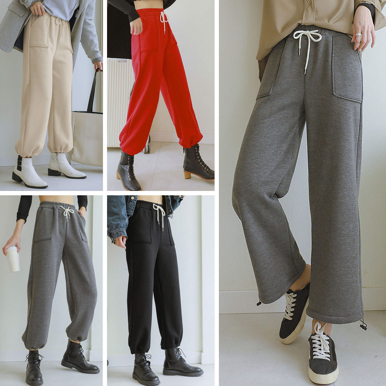 Women Winter Warm Pants Knitted Fleece Inside High Waist Drawstring Pockets Elastic Hem Harem Pants Loose Fit Casual