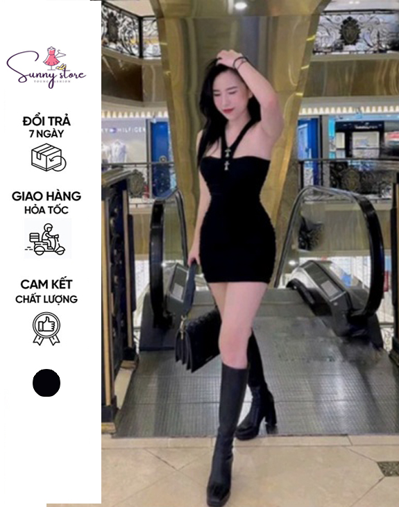 Đầm yếm body có mút, váy nữ dáng ngắn nhún thân