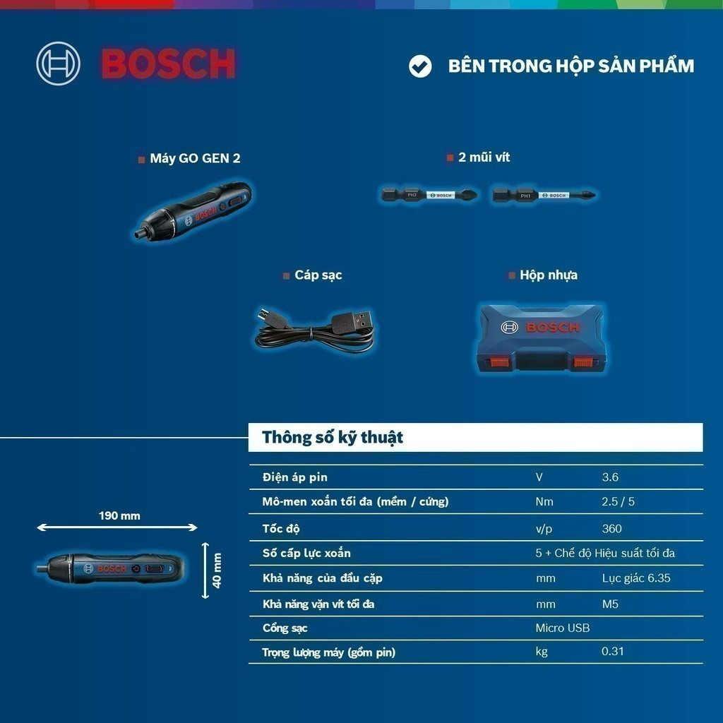 Combo Máy vặn vít dùng pin Bosch GO GEN 2 (2 mũi vít) + Bộ mũi tua vít đa năng Bosch 25 món (xanh dương)