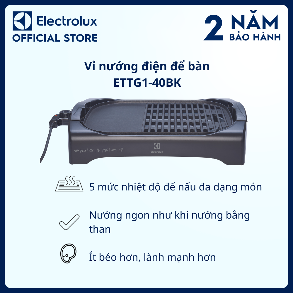 Vỉ nướng điện để bàn Electrolux ETTG1-40BK Nướng than chuyên nghiệp, lành mạnh [Hàng chính hãng]