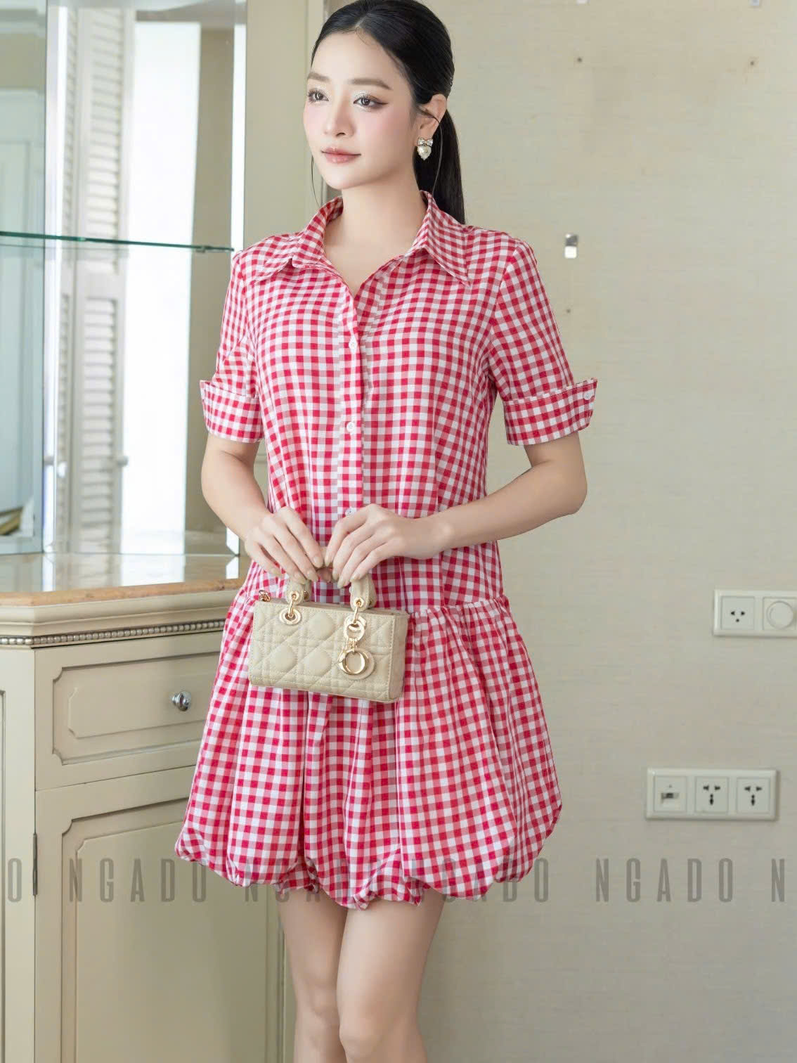 Đầm babydoll caro đỏ cổ sơ mi NGADO , đầm caro , đầm Nữ