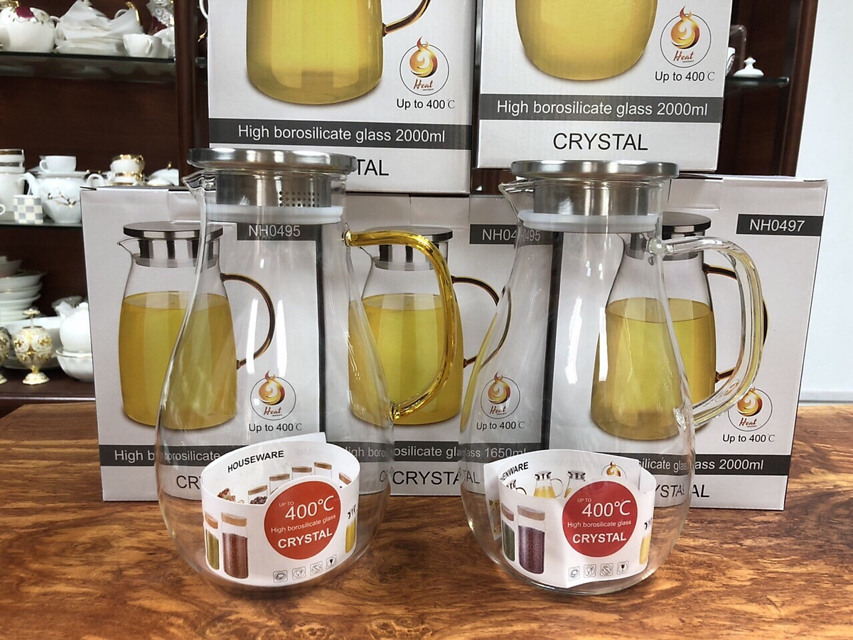 Bình đựng nước thủy tinh chịu nhiệt cao cấp nắp inox quai màu vàng,trắng