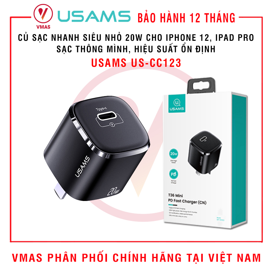 Củ sạc nhanh 20W mini USAMS US-CC123 T36, hàng chính hãng