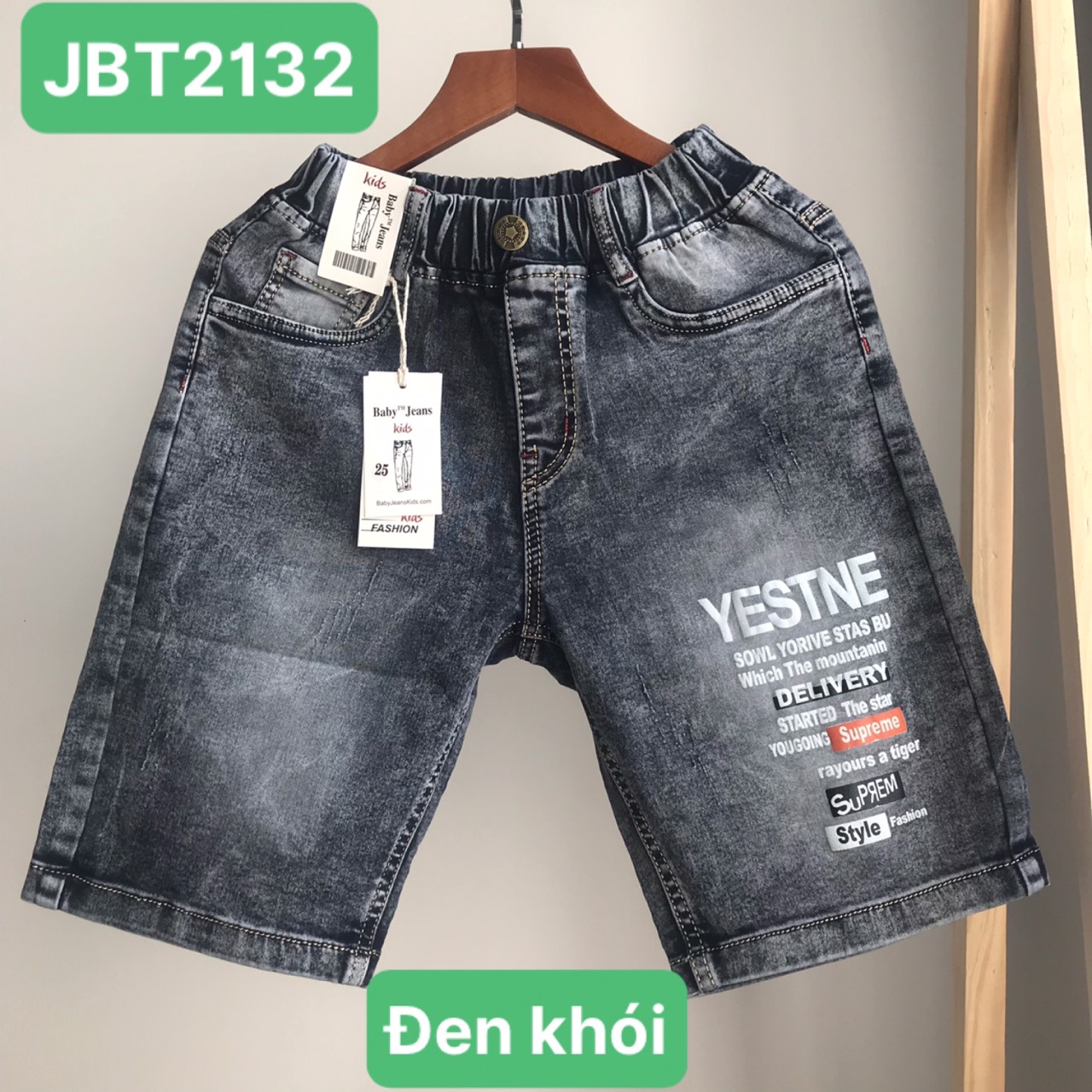 (36-65kg) Quần short Jean cao cấp vải co giãn in chữ  cho bé trai 10-16 tuổi