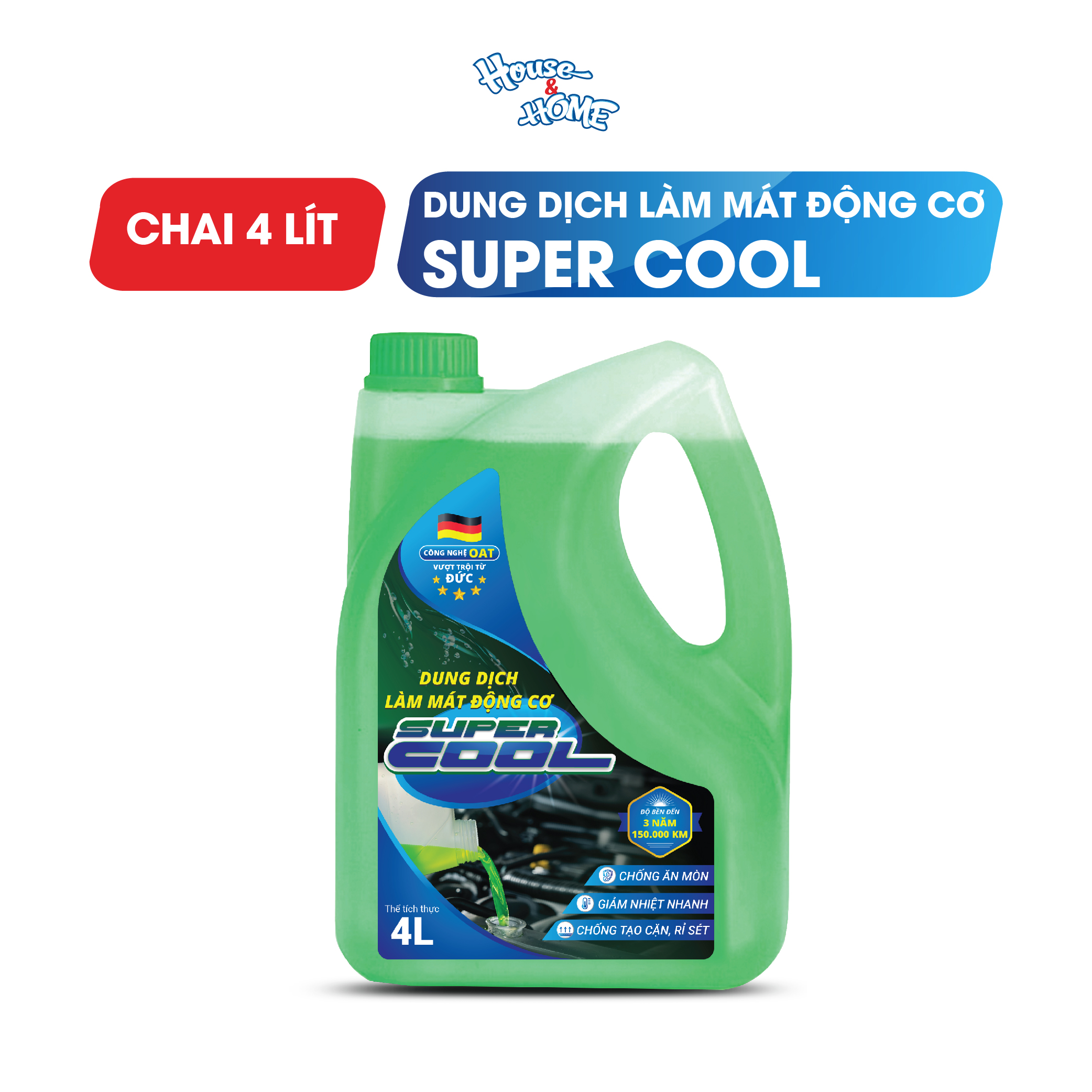 Nước làm mát động cơ oto Super Cool màu xanh dung tích 4 lít