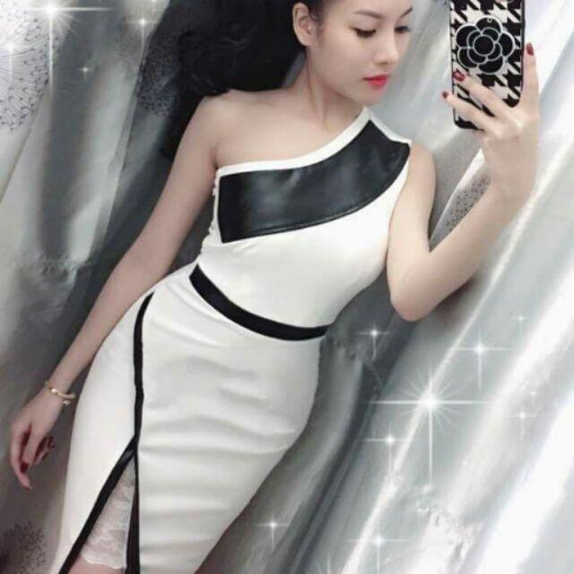 Đầm lệch vai tà xéo phối da