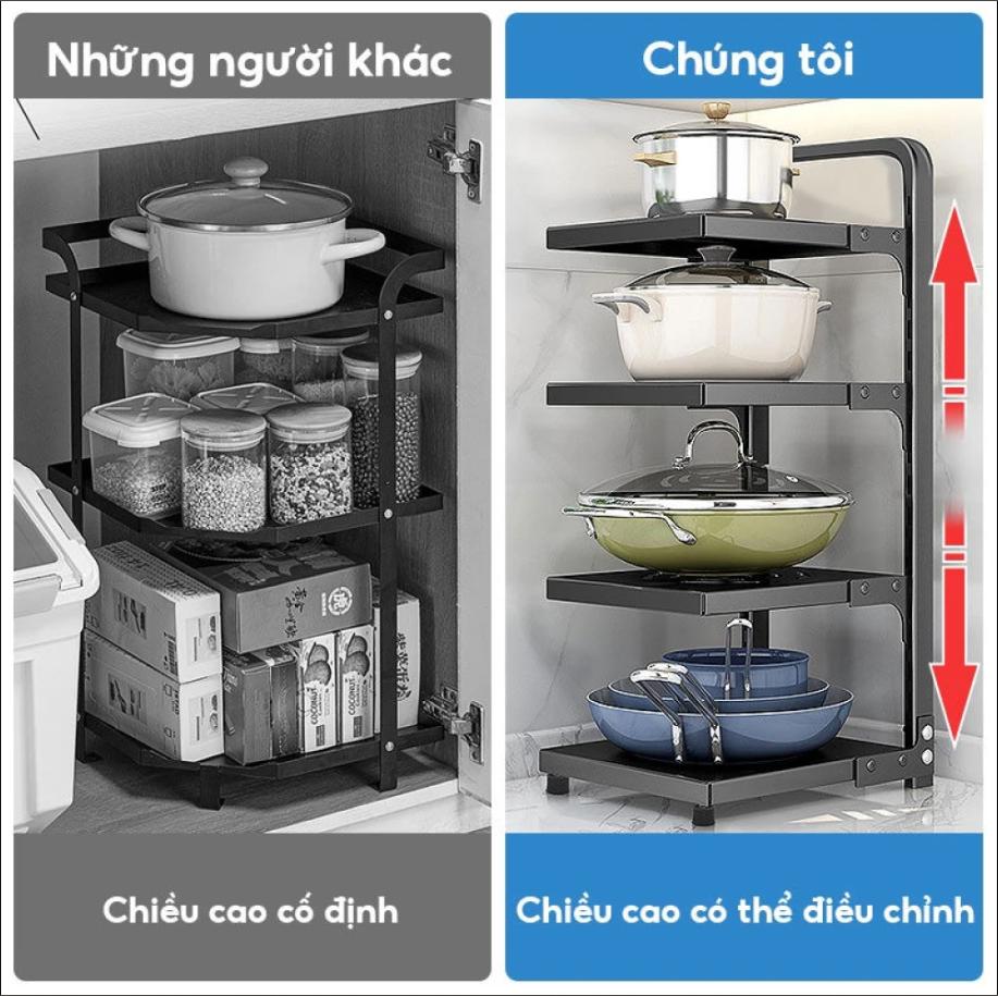 Giá Để Xoong Nồi Chảo Thép 4 Tầng Có Thể Điều Chỉnh