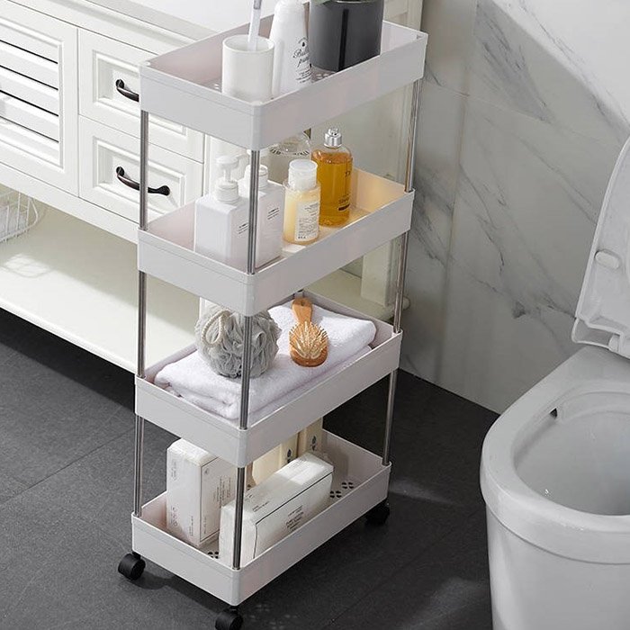 Kệ để đồ dùng đa năng làm từ nhựa PP 4 tầng có bánh xe, có lỗ thoát nước, có 4 móc treo đồ tiện dụng mới 2021 + tặng một tạp dề hoa cúc - Màu ngẫu nhiên