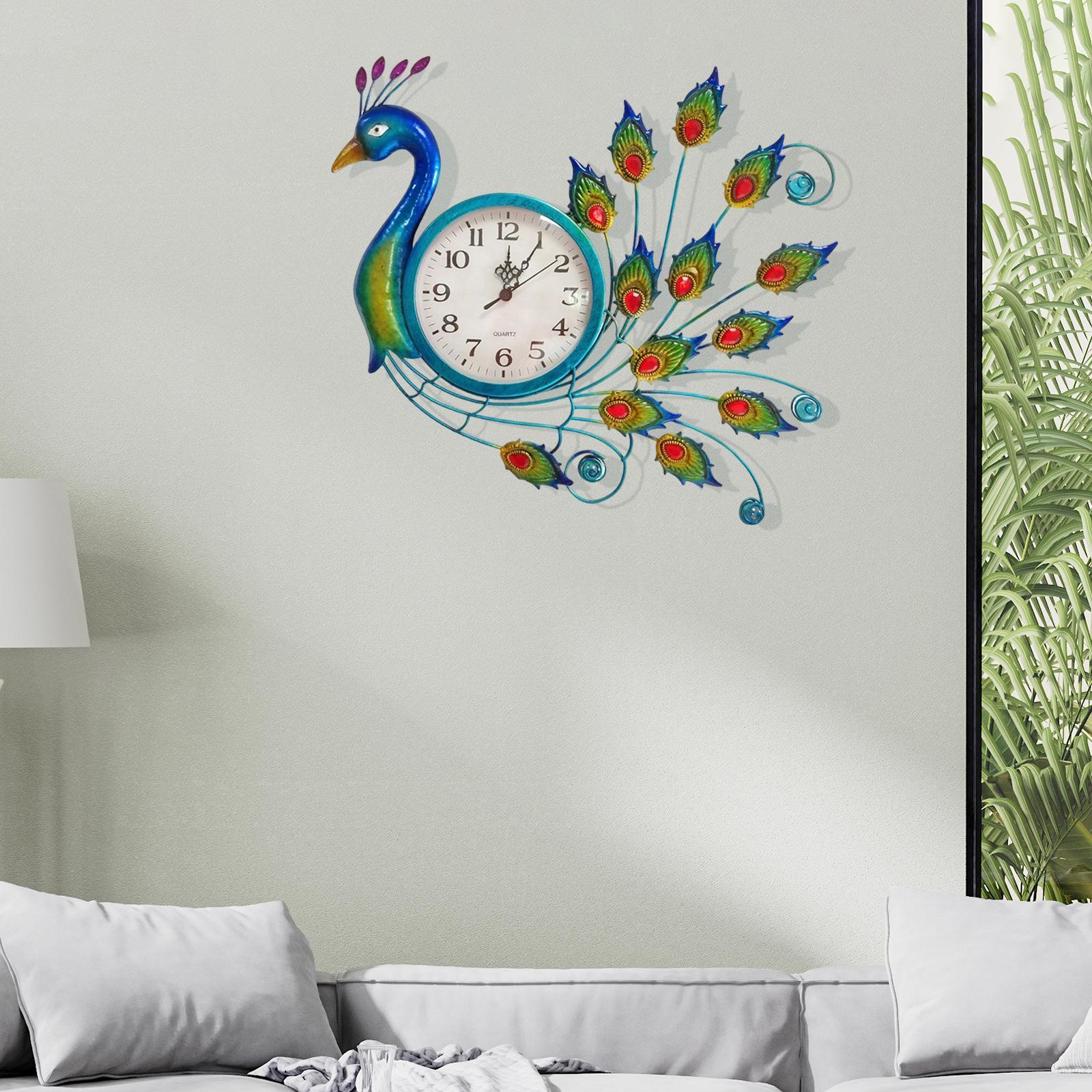 Metal Peacock Wall Clock Sculpture Mute Hanging Art Decoration for Home