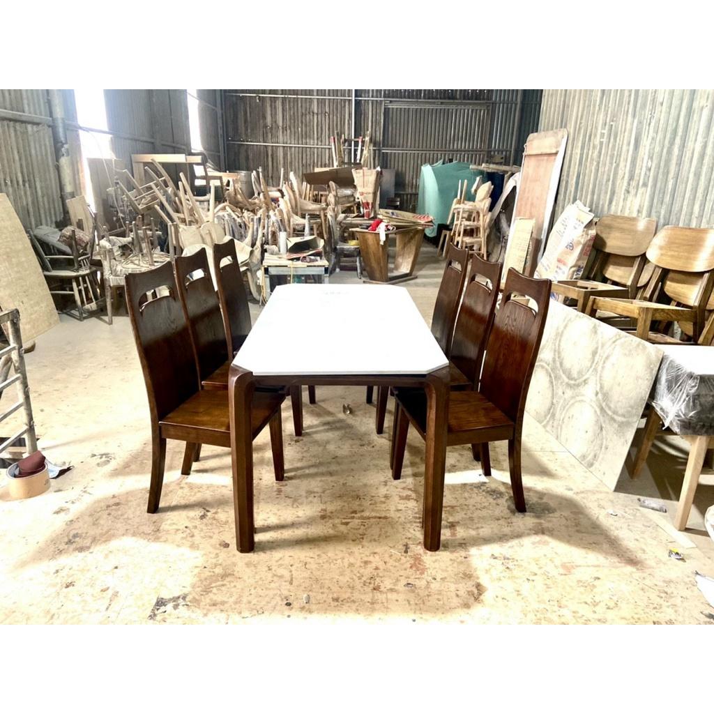Bàn ghế ăn gỗ sồi cao cấp (bàn 160cm mặt bàn màu trắng+6 ghế tựa lưng cao)