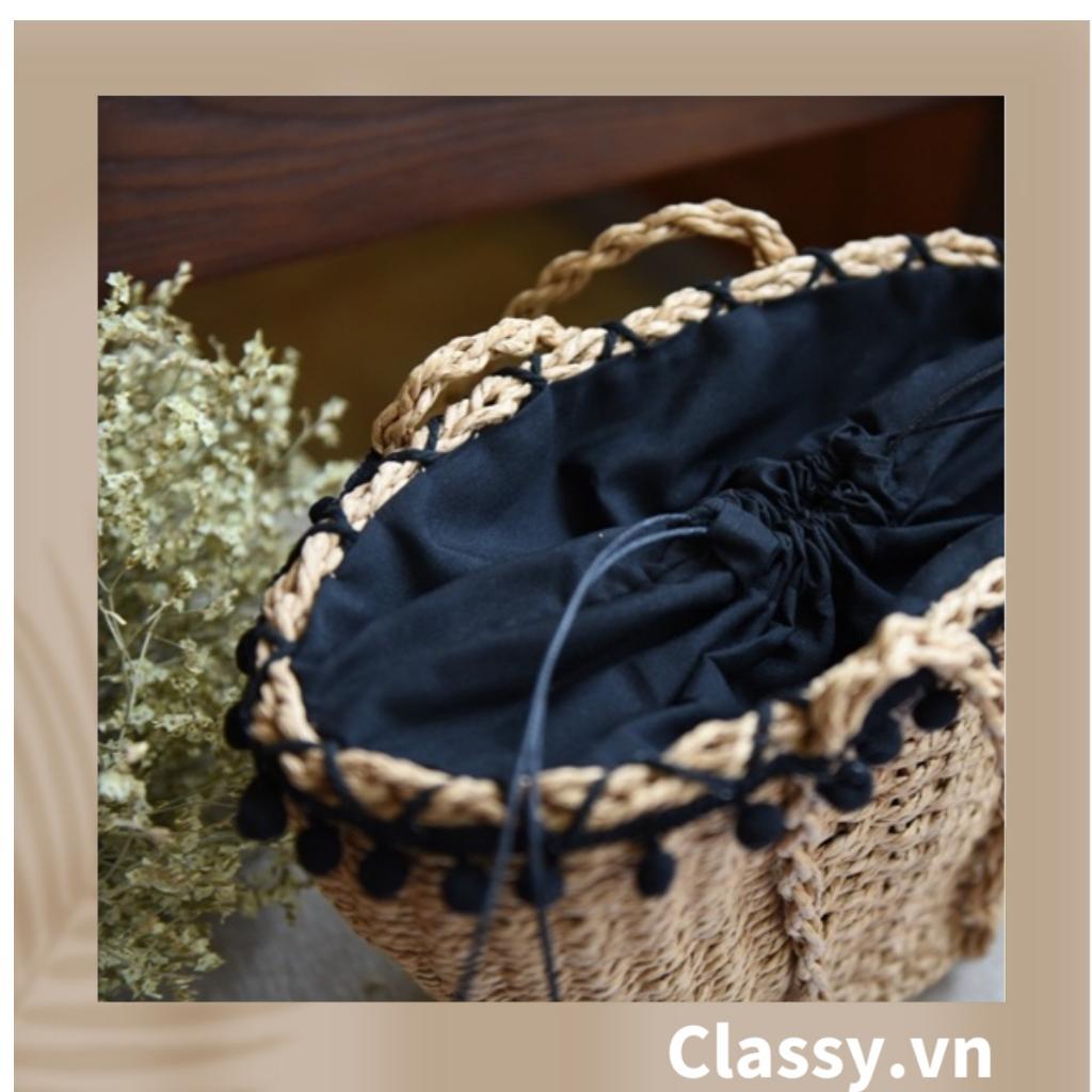 Túi cói Classy đi biển đính hoạ tiết bông gòn đen, kiểu dáng Vintage, có lớp lót trong rộng rãi T331
