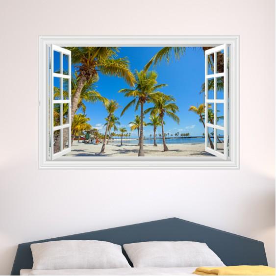Decal trang trí khung cửa sổ 3D nhiều cây Dừa ở ngoài biển