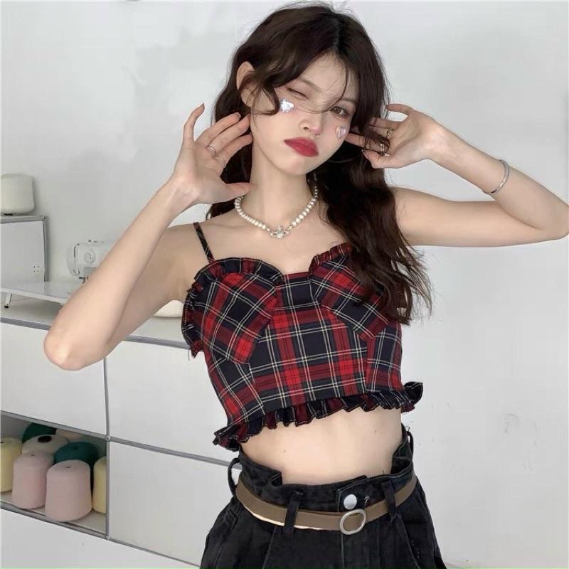 Áo 2 dây hoạ tiết kẻ caro phong cách Retro dễ thương hàng QC