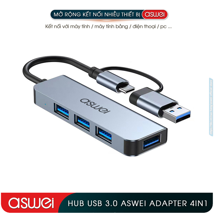 Hub Chuyển Đổi USB Type C ASWEI - 4 in 1, 5 in 1, 6 in 1, 7 in 1, 8 in 1 - HDMI, USB 3.0, PD, SD, TF, RJ45, Audio 3.5mm - Tốc Độ Cao, Hàng Chính Hãng