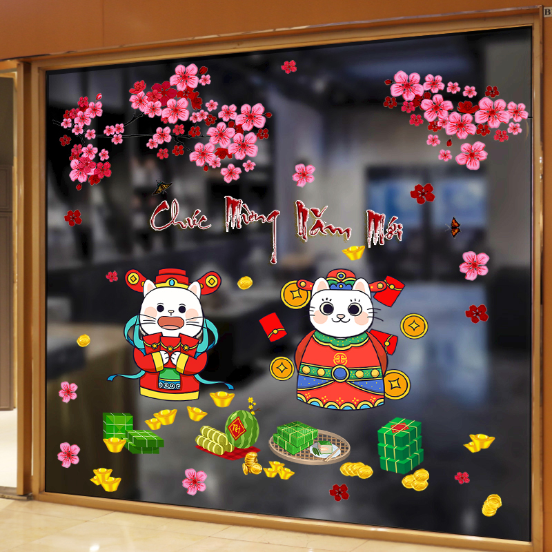 Decal dán tường, dán kính-trang trí TẾT 2023- Mèo may mắn cành đào hồng