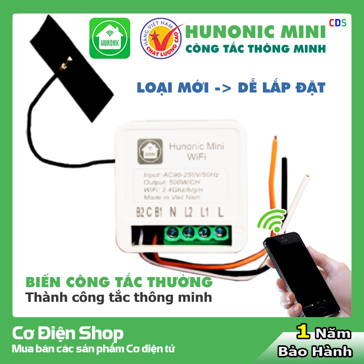 Công Tắc Wifi Hunonic Mini 2 Kênh 500Wkênh - Lắp Sau Công Tắc Âm Tường - Điều Khiển Từ Xa Bằng Điện Thoại
