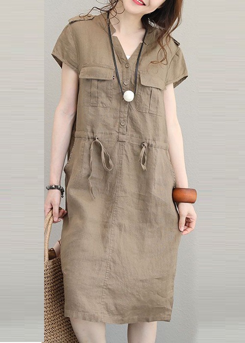 Đầm suông linen cổ V túi hộp thắt eo ArcticHunter, thời trang thương hiệu chính hãng – Kaki – M