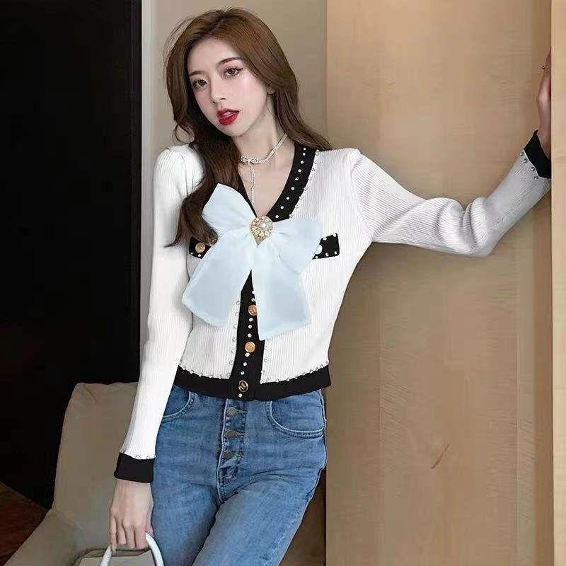 Áo len nơ dài tay đính đá Quảng Châu co dãn thoải mái