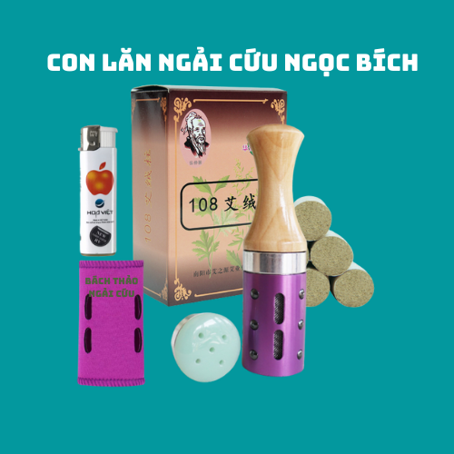 Combo Con Lăn Ngải Cứu Bằng Ngọc Bích Cầm Tay Tiện Dụng + Hộp 108 viên ngải đoạn - Gây lăn cứu ngải ngọc Dùng massage toàn thân và cả mặt