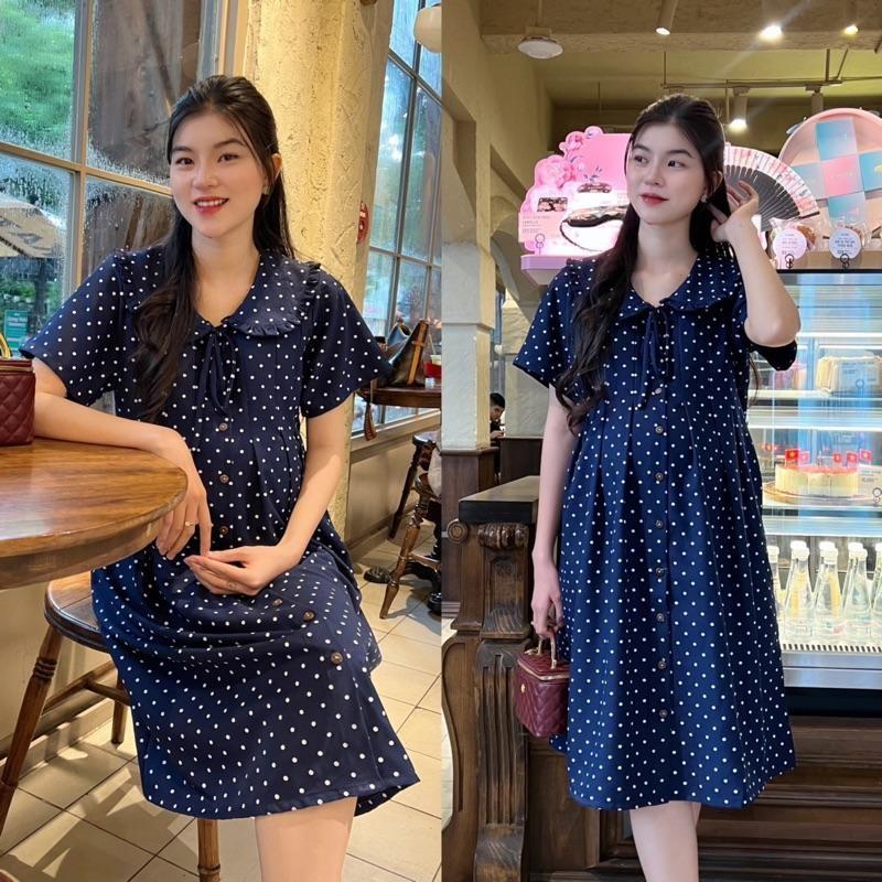 Đầm bầu chấm bi cổ sen phối nút dáng suông cho mẹ mang bầu và sau sinh Váy Bầu Dễ Thương - Bi xanh đen