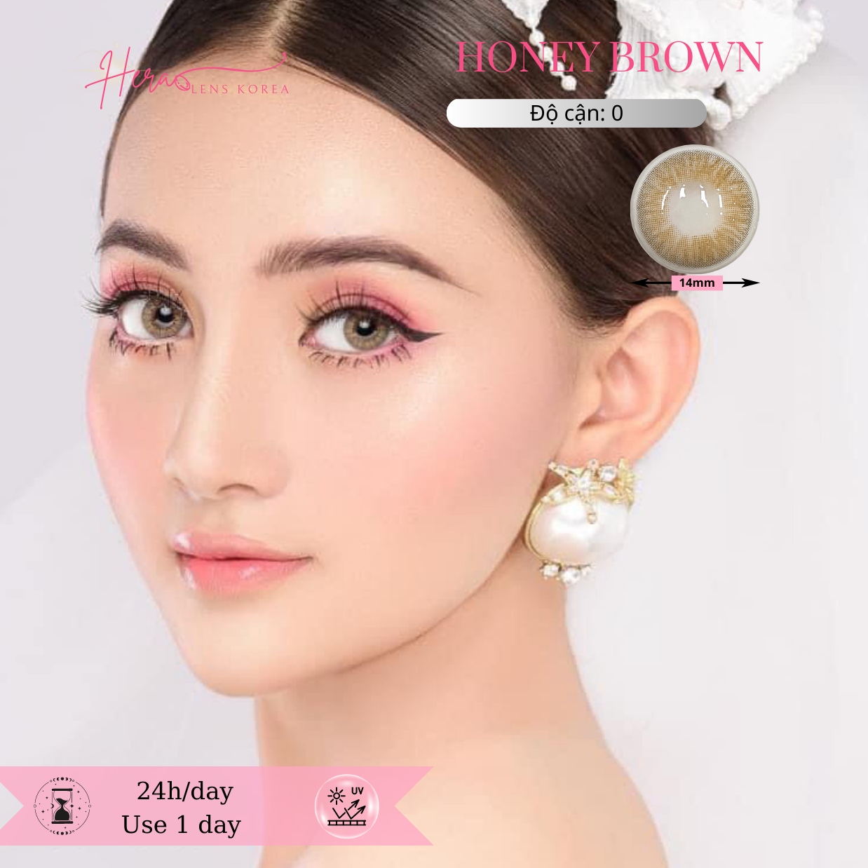 Kính Áp Tròng Hera Nâu Mật Ong Không Độ HONEY BROWN Nhập Khẩu Hàn Quốc Lens Không Cận 1 Ngày