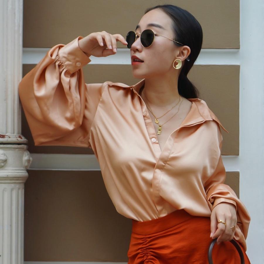Oceana London - Áo sơ mi lụa tay phồng màu nude