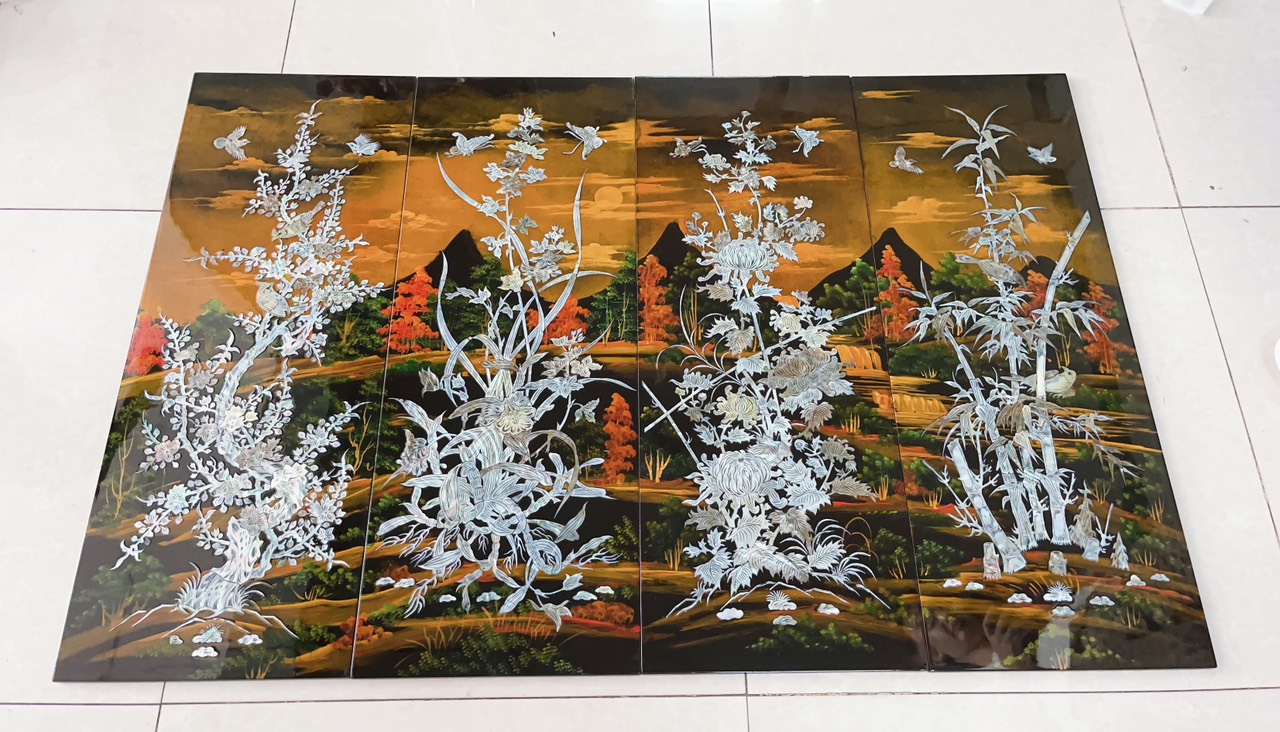 Tranh sơn mài 4 mùa Mai Lan Cúc Trúc cẩn ốc hàng cao cấp bộ 4 tấm size 80x 120 cm