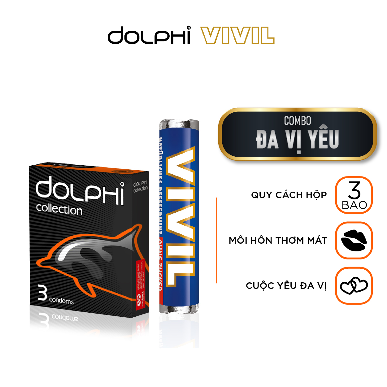 Combo Đa Vị - BCS Siêu Mỏng Tự Nhiên Dolphi Collection (Hộp 3 bao) + Kẹo Ngậm Không Đường Hương Bạc Hà- Vivil (Thỏi 29g)