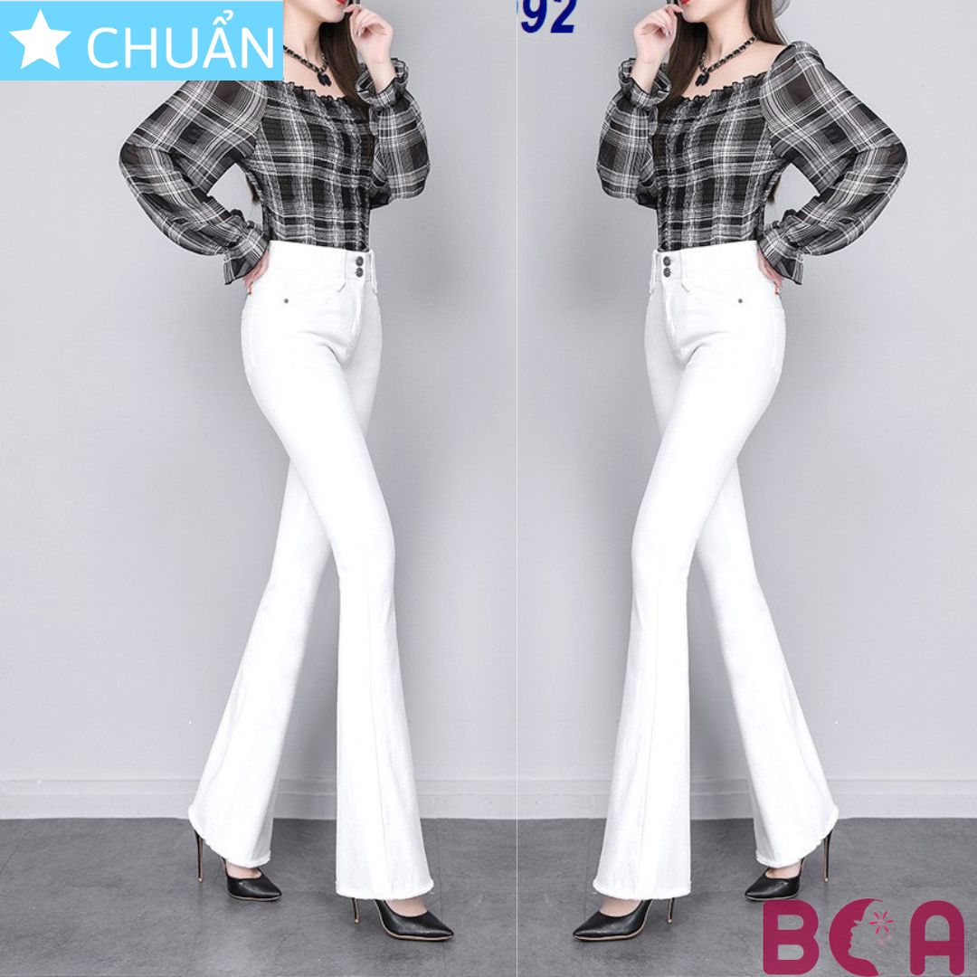 Quần jean nữ ống loe QRO92 ROSATA tại BCASHOP dáng dài thêu hoa, lưng cao 2 nút, phom chuẩn, chất liệu jean - TRẮNG