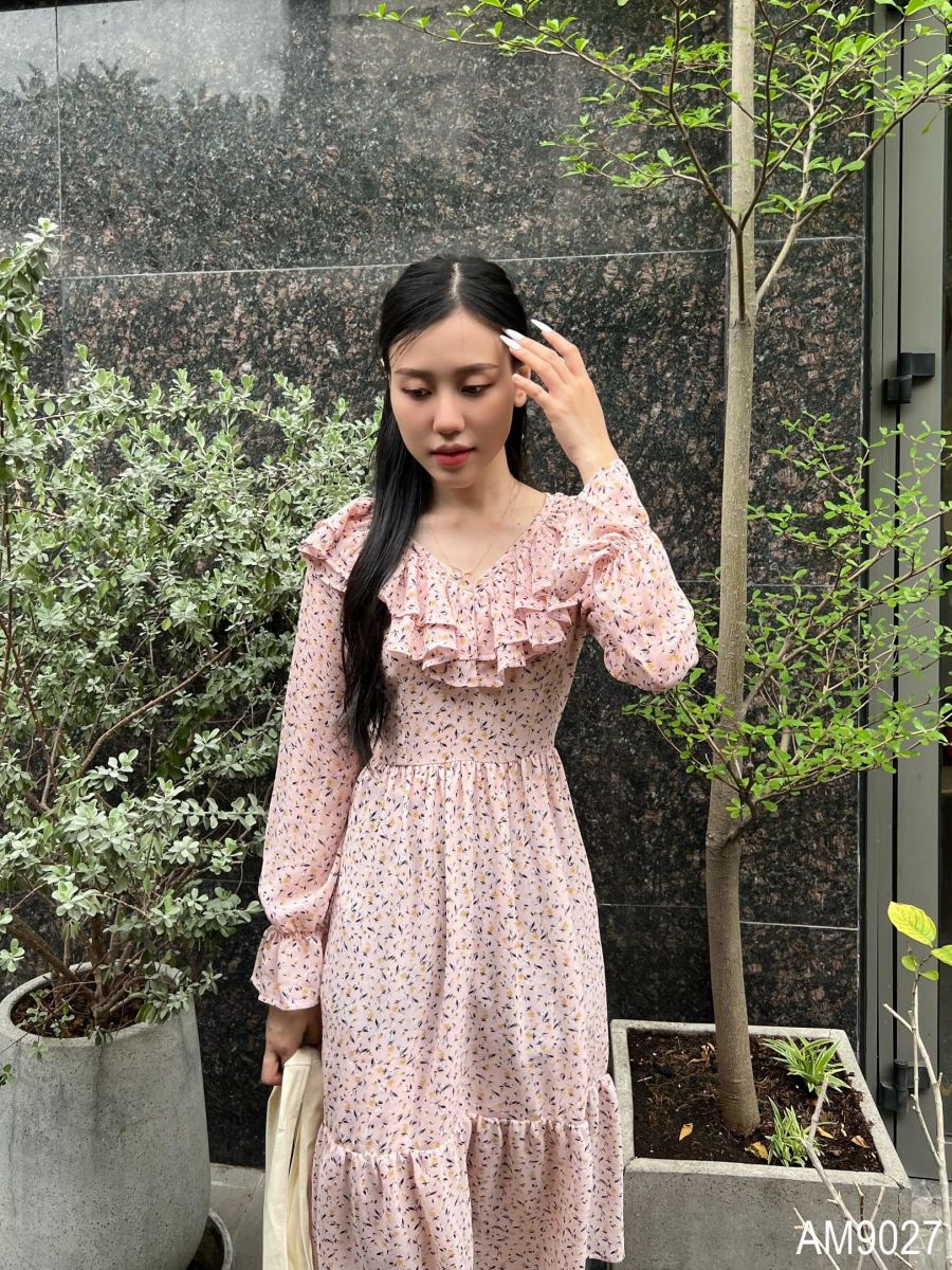 Đầm xòe midi Nữ hoa nhí tay dài OvanMade AM9027