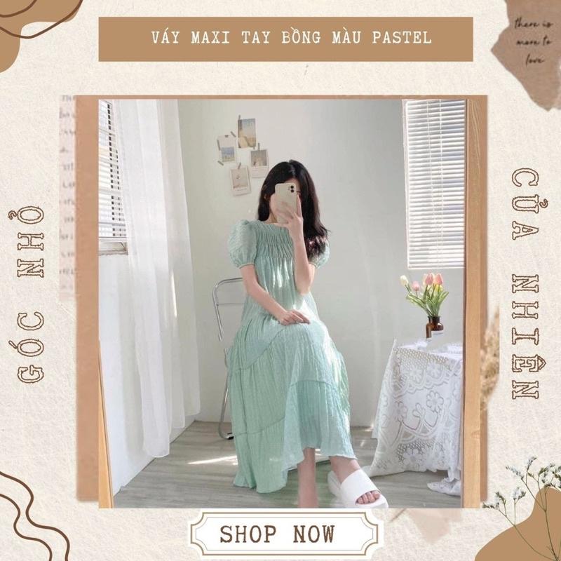 Váy Đầm Maxi Tay Bồng Cổ Tròn Chất Xốp Siêu Xinh