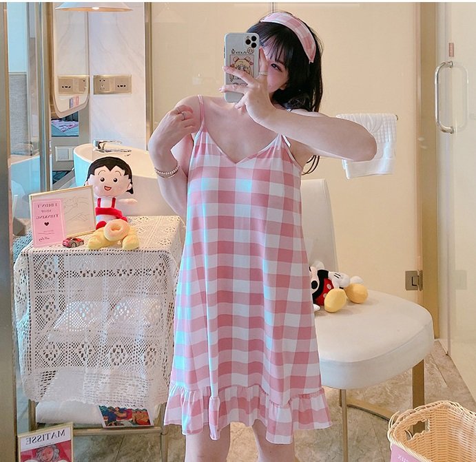 Đầm mặc nhà, đầm ngủ, đầm đuôi cá, đầm 2 dây họa tiết kẻ caro cute AH03